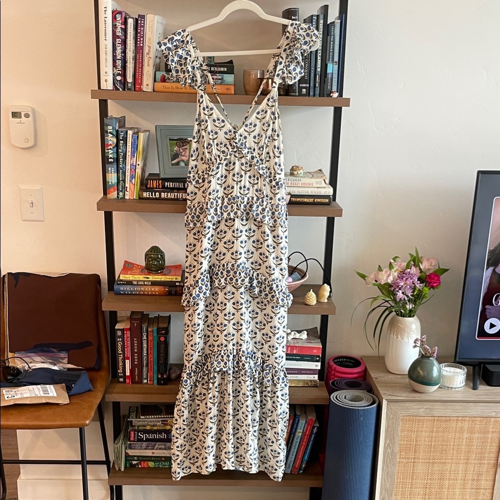 Misa Los Angeles Blue and White Patterned Maxi Dress
